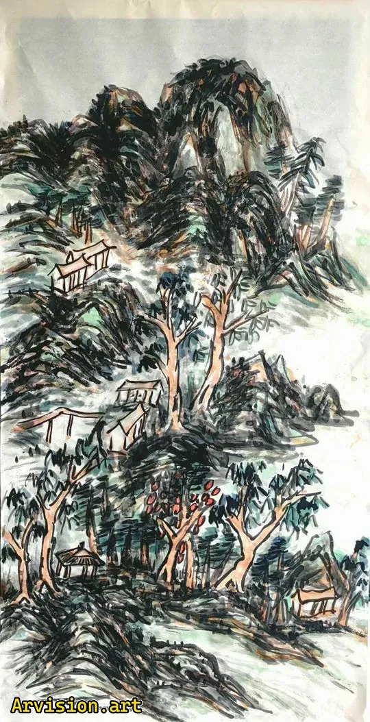 Cabina en el bosque pinturas de tinta pinturas de tinta china