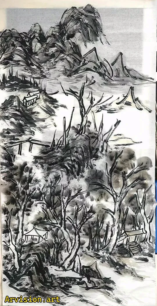 Pintura de tinta de la cabaña de invierno Obras de tinta china