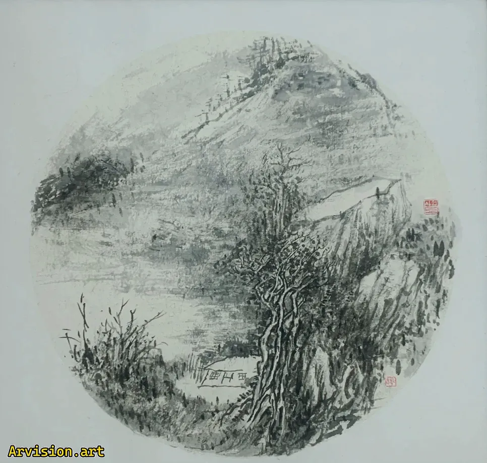 Pintura de tinta china en la cabaña de montaña