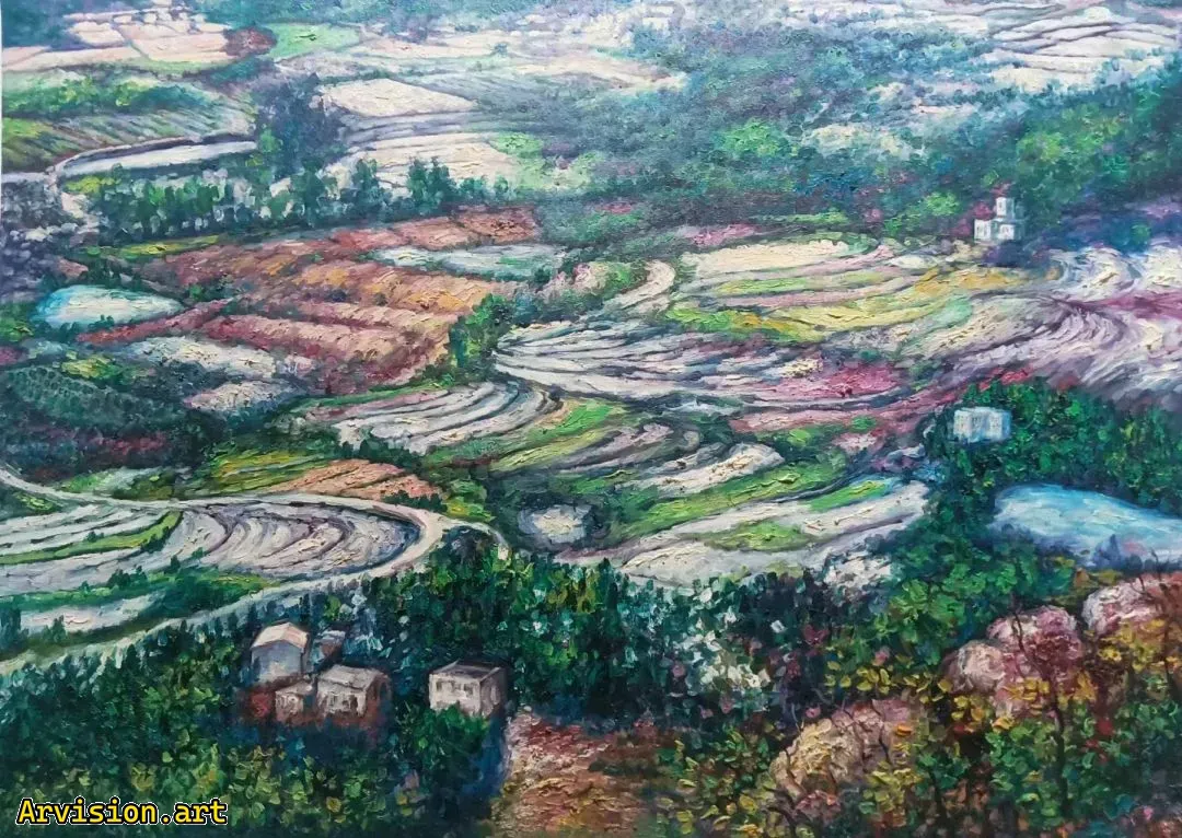 La pintura al óleo de Wang Lin es verde y llena de caminos.