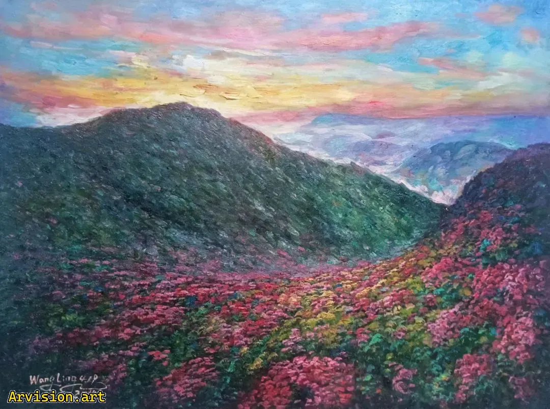 La pintura al óleo de Wang Lin se abre en las montañas dabie.