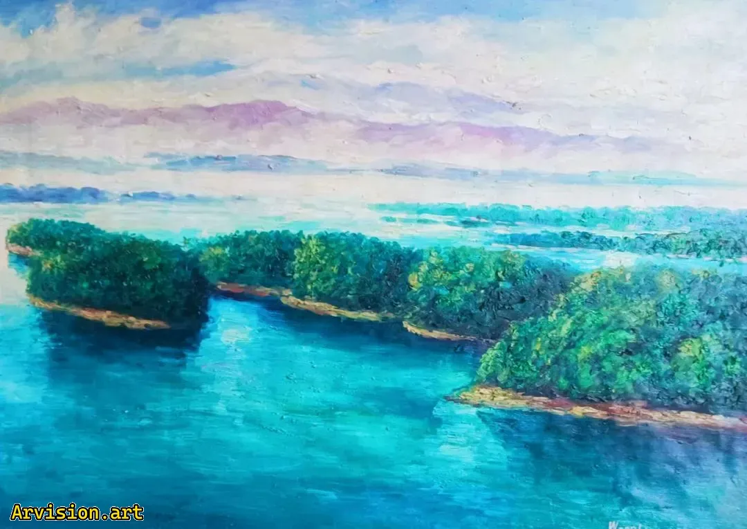 La pintura al óleo de Wang Lin tiene nubes débiles y viento ligero en el lago nanwan.