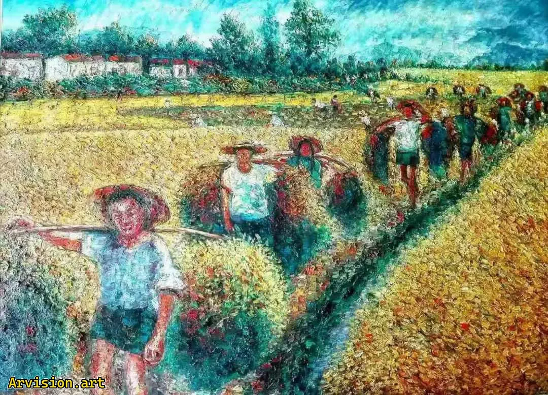 La pintura al óleo de Wang Lin recoge el trigo