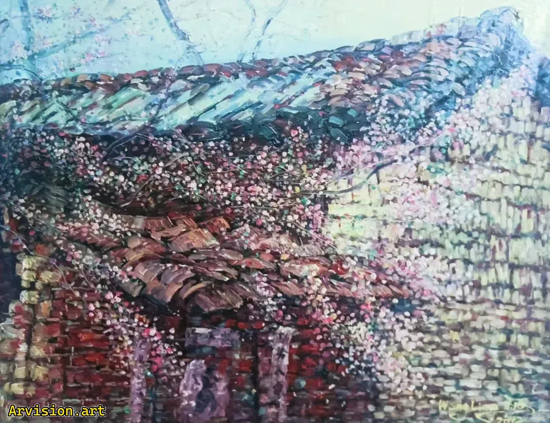 Wang Lin pintura al óleo vieja casa y albaricoque rojo