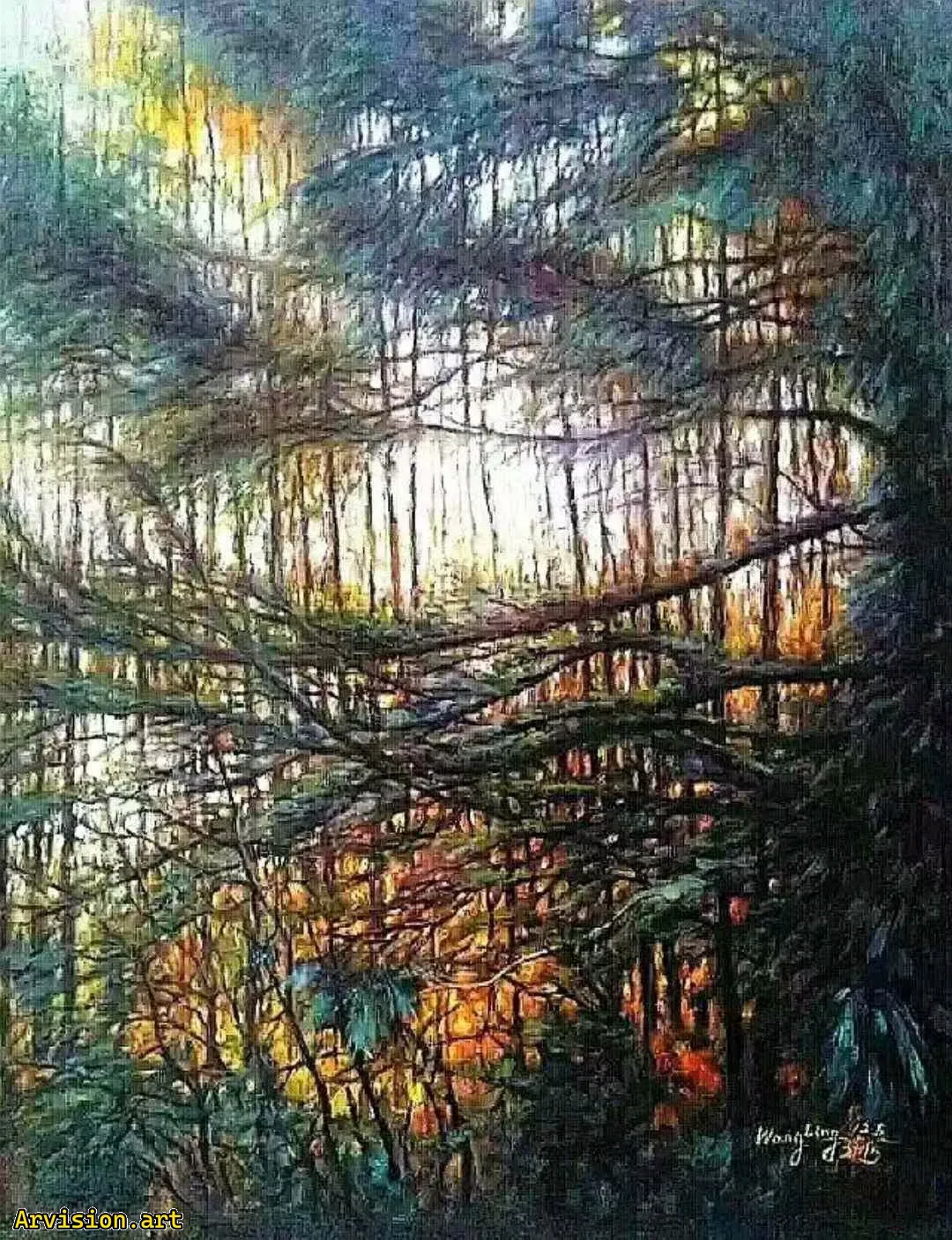 El baile de las ramas de pino en la pintura al óleo de Wang Lin