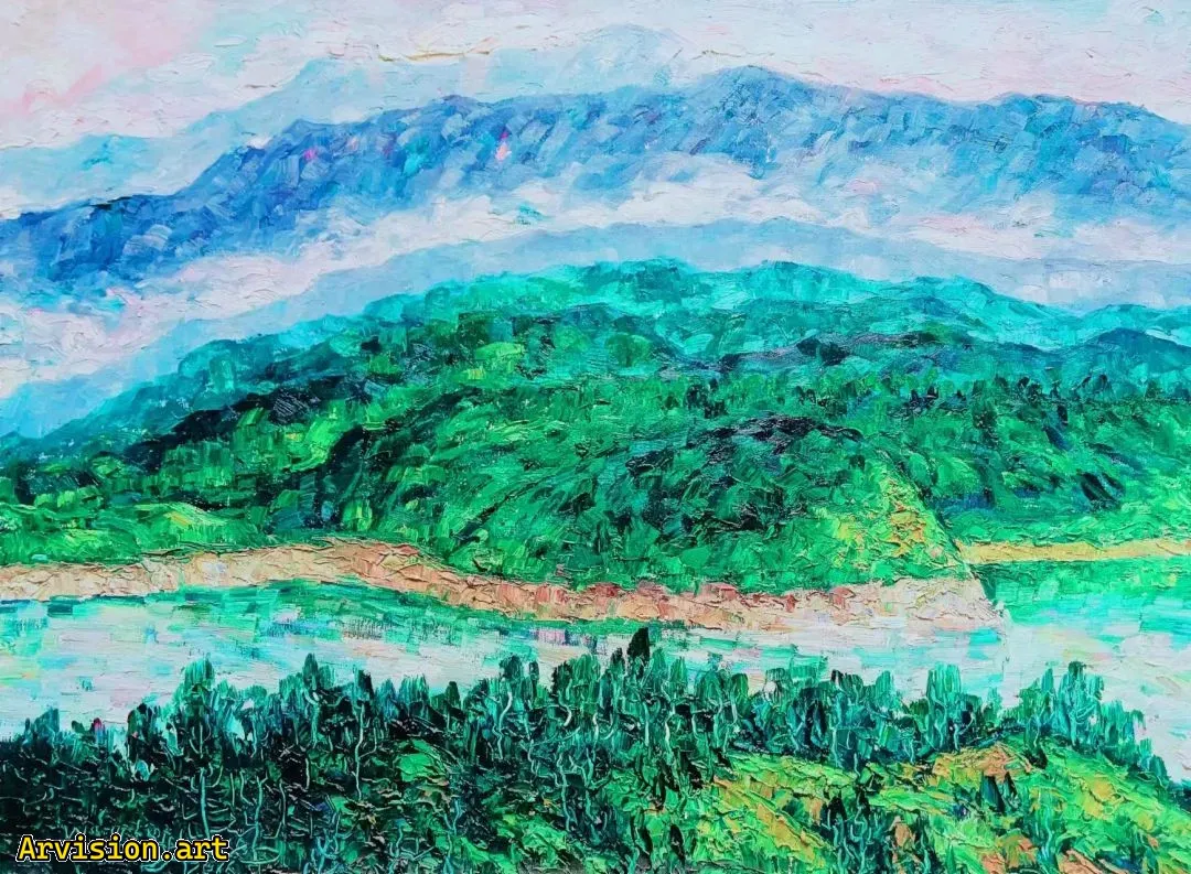 Pintura al óleo de Wang Lin fuente del Río Huaihe