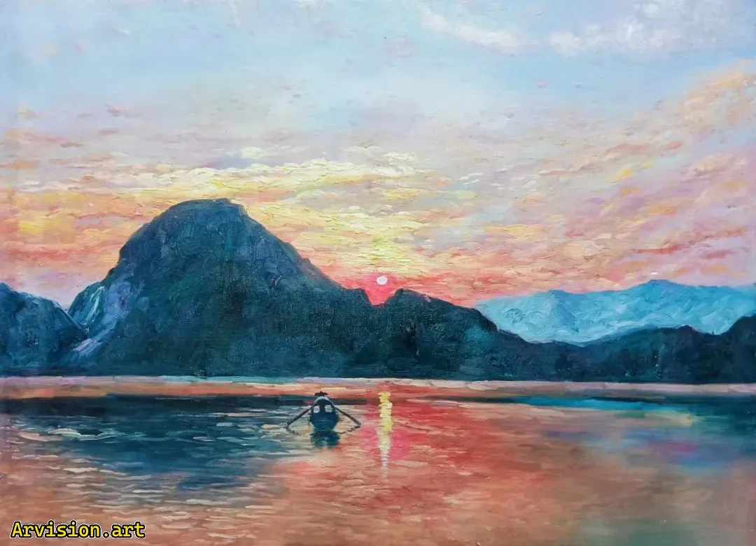 Wang Lin pintura al óleo barco solitario y atardecer