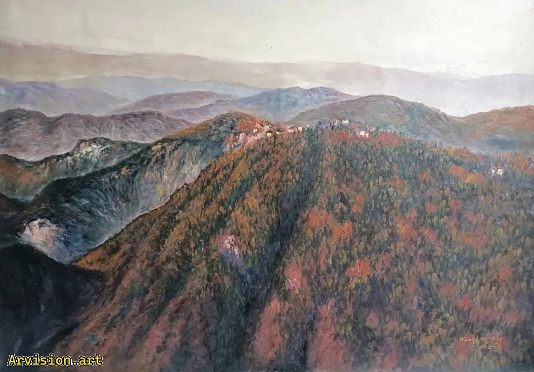 La pintura al óleo de Wang Lin mira la montaña jigong desde lejos