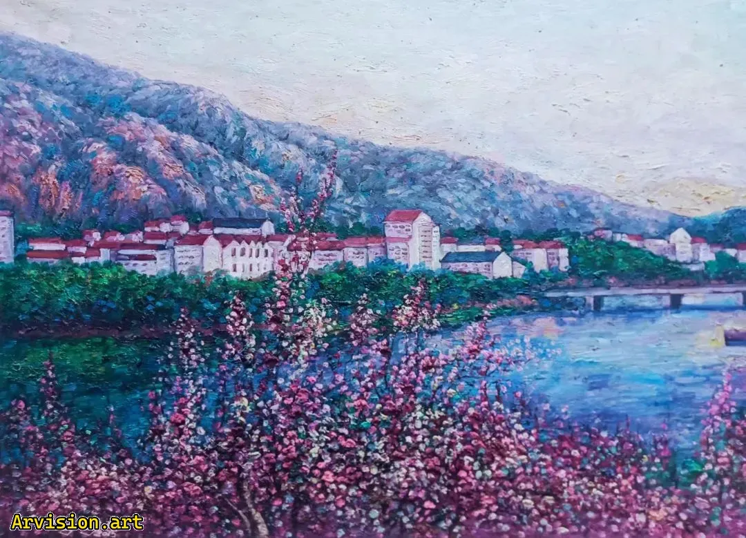 La pintura al óleo de Wang Lin está en el lugar donde florecen las flores de melocotón.