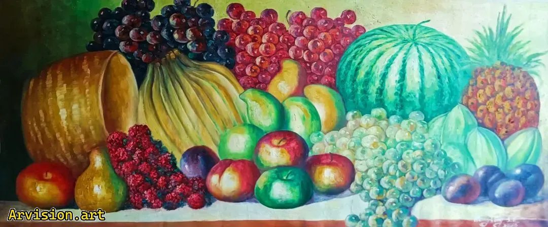 La pintura al óleo de Wang Lin es fragante con melones y frutas.