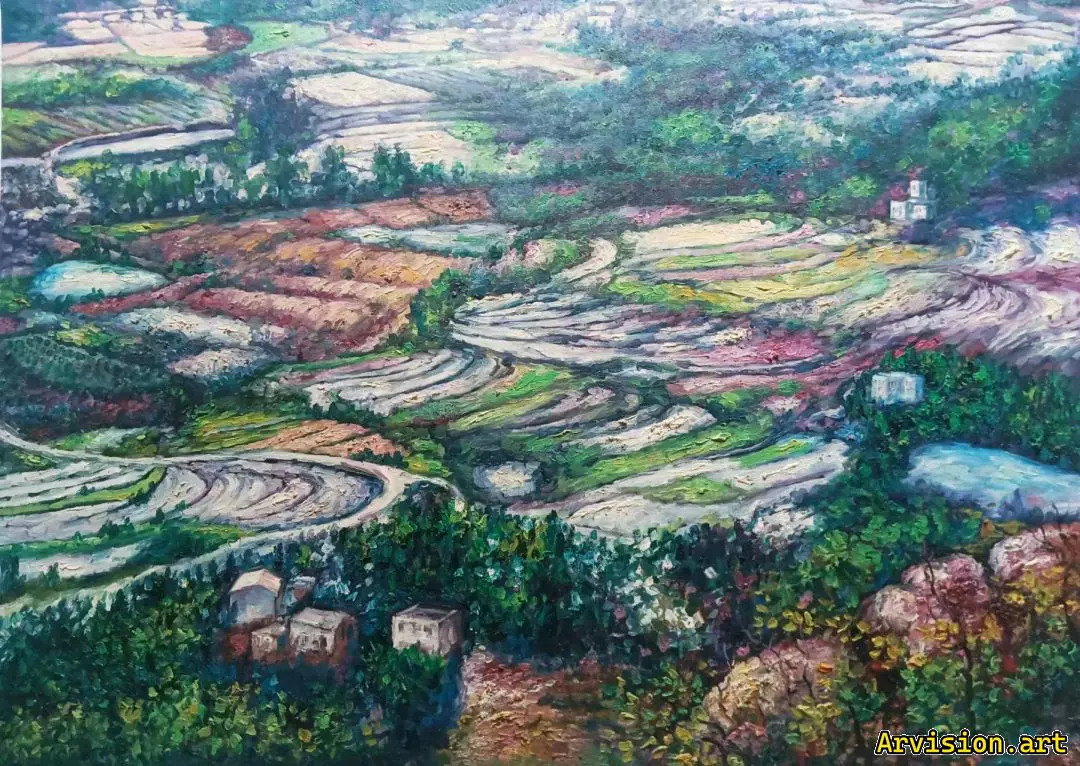 La pintura al óleo de Wang Lin es verde y llena de caminos.