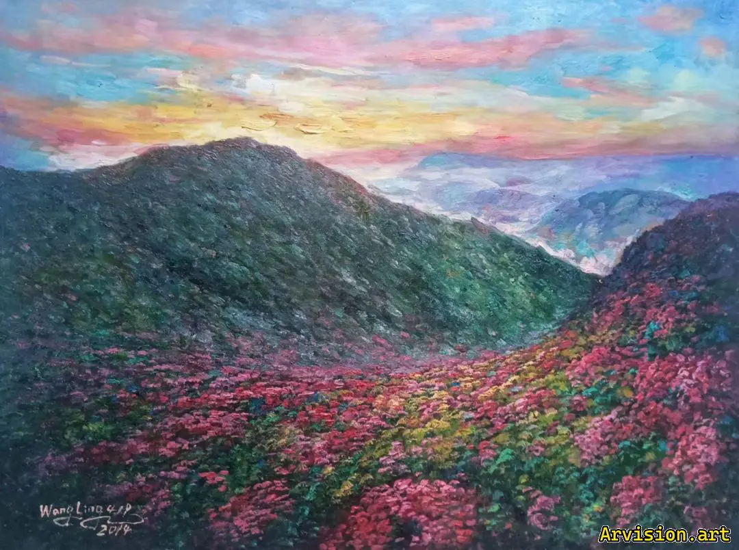 La pintura al óleo de Wang Lin se abre en las montañas dabie.