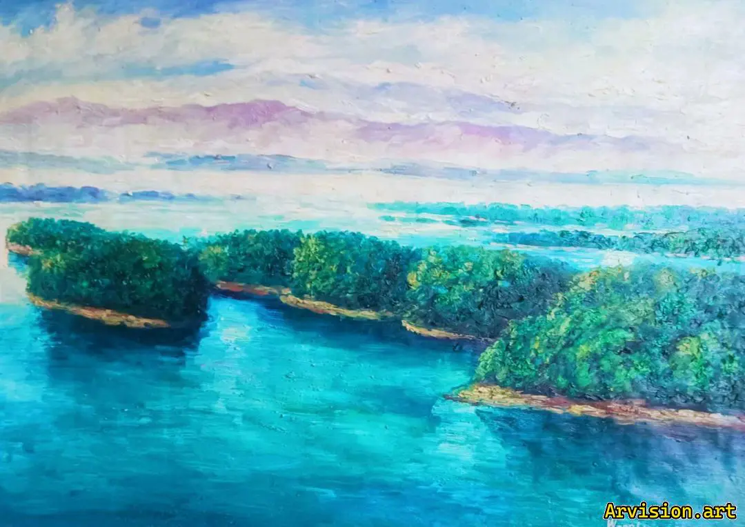 La pintura al óleo de Wang Lin tiene nubes débiles y viento ligero en el lago nanwan.