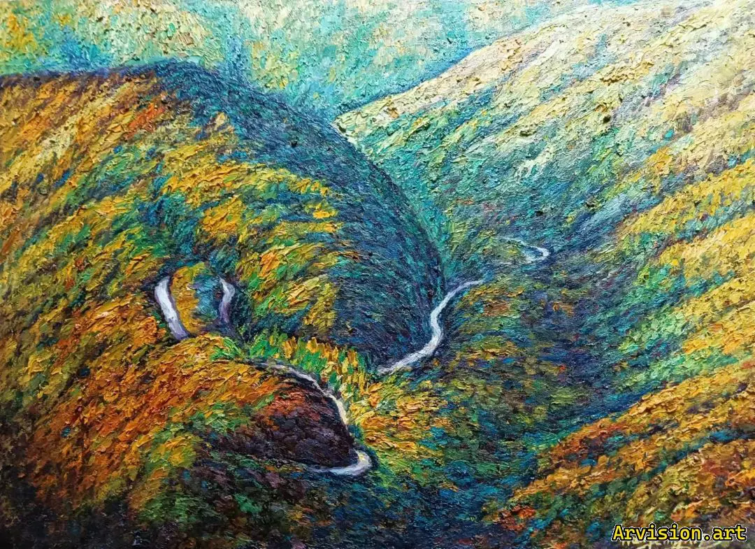 La pintura al óleo de Wang Lin está apilada en picos de color.