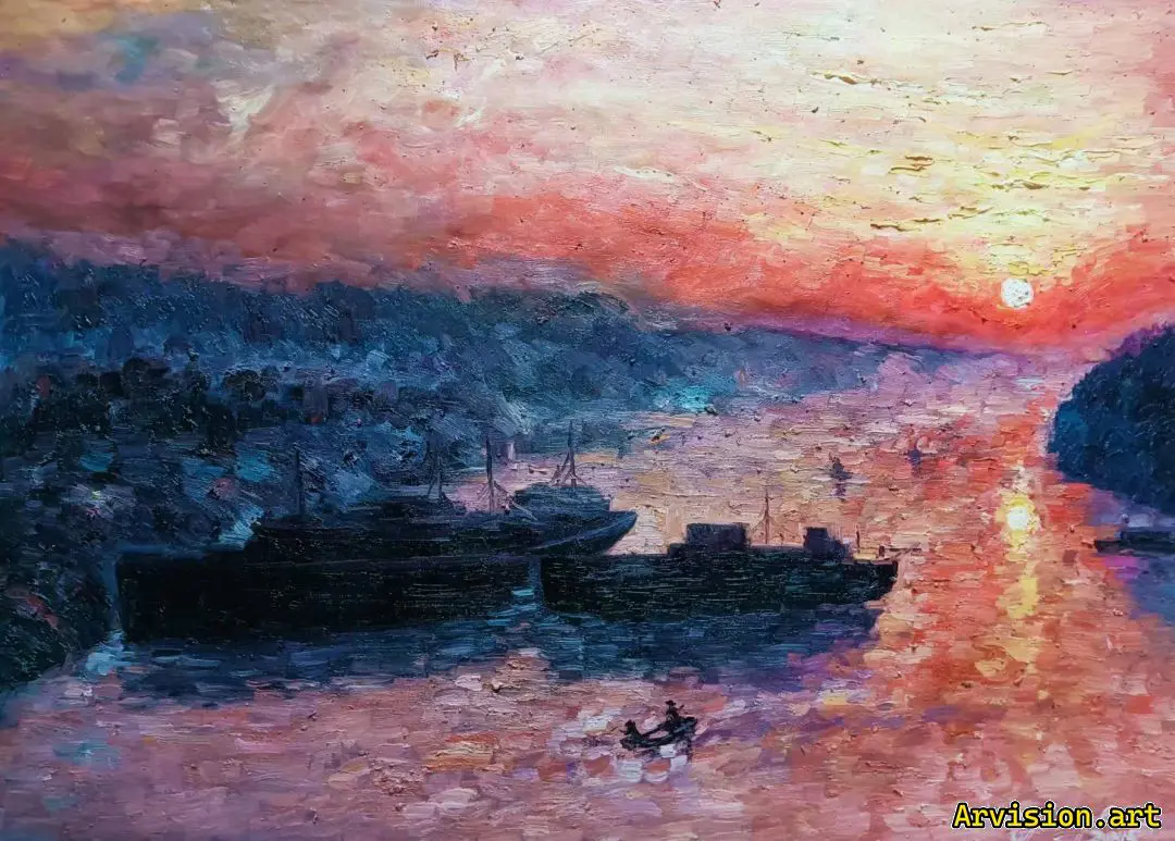 Pintura al óleo de Wang lin, impresión del amanecer del Río Huaihe