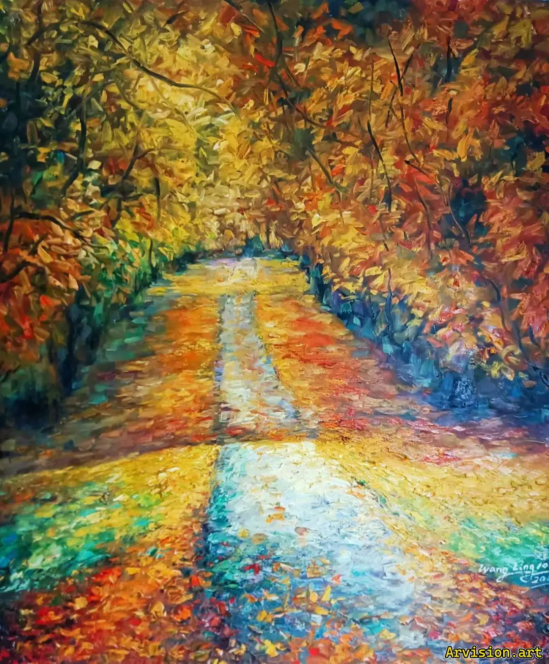 La pintura al óleo de Wang Lin sobre la carretera rural a finales de otoño