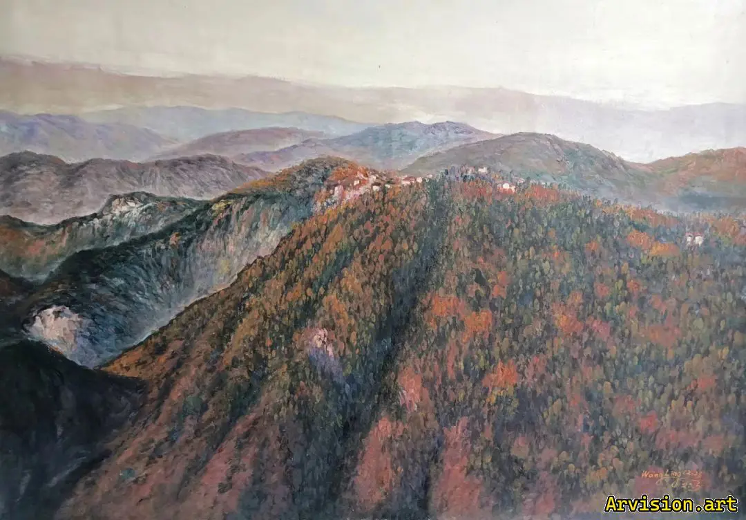 La pintura al óleo de Wang Lin mira la montaña jigong desde lejos